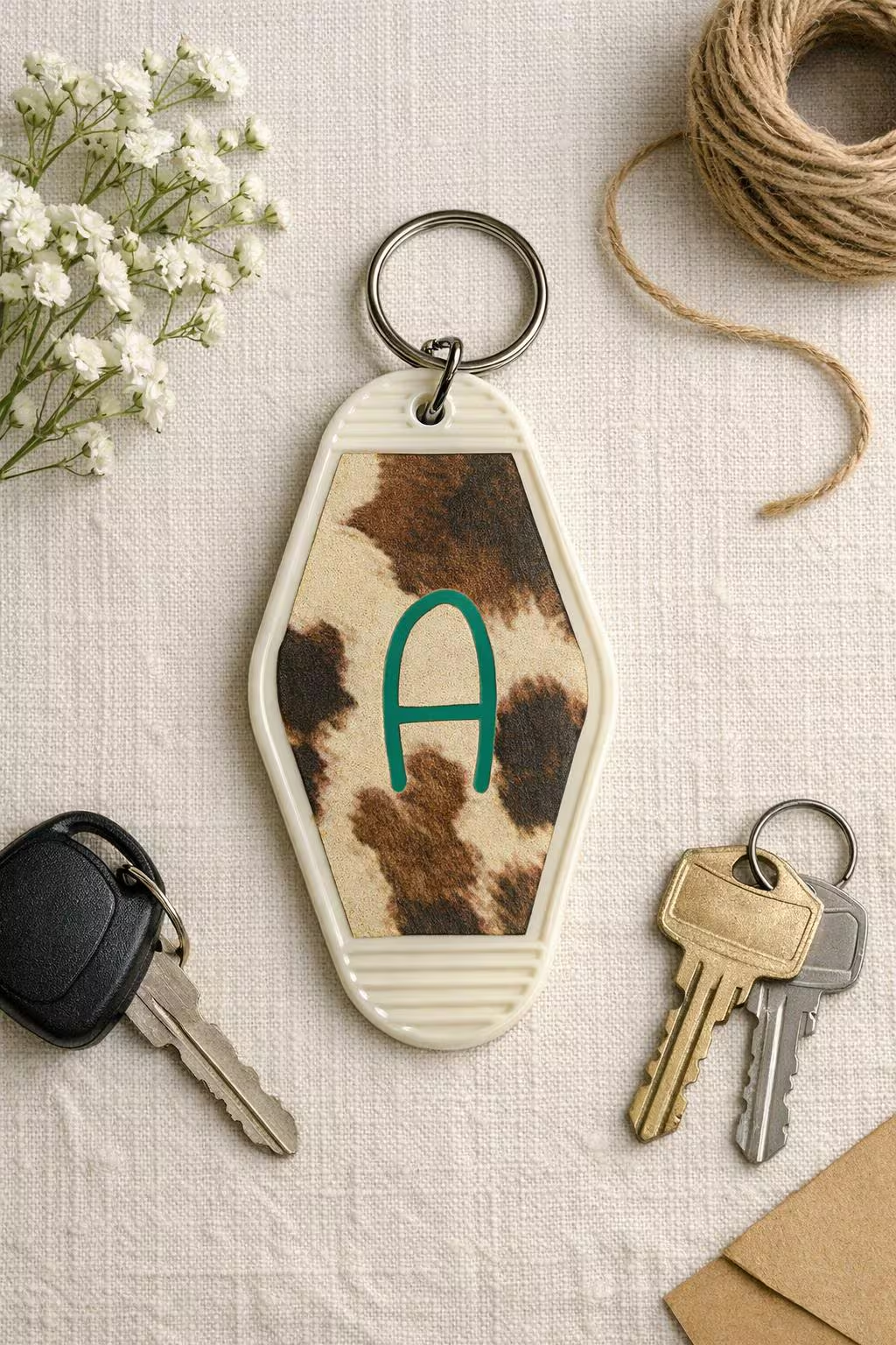 Personalized Cow Print Motel Keychain